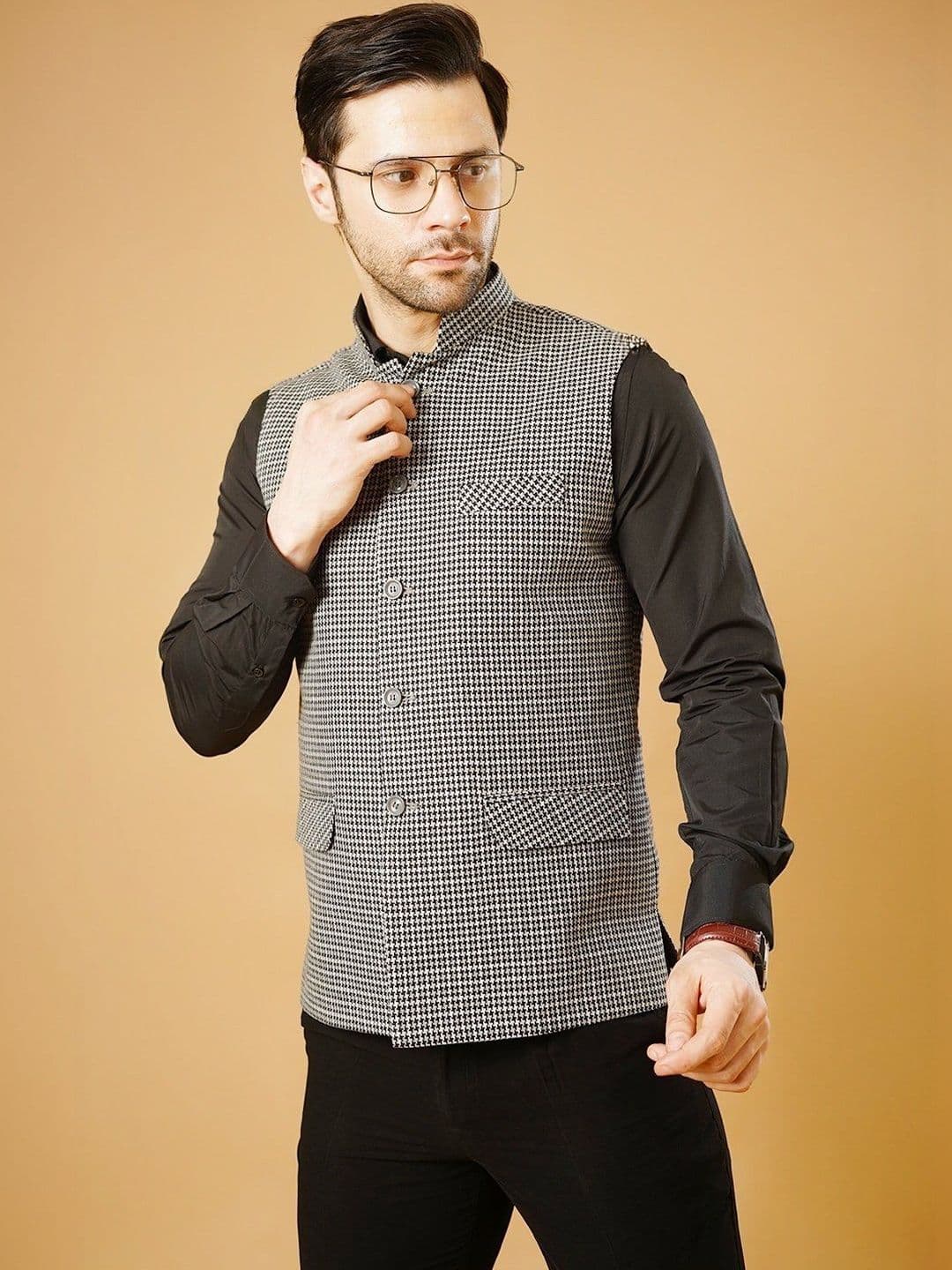 Wintage Checked Mandarin Collar Nehru Jackets - view 1