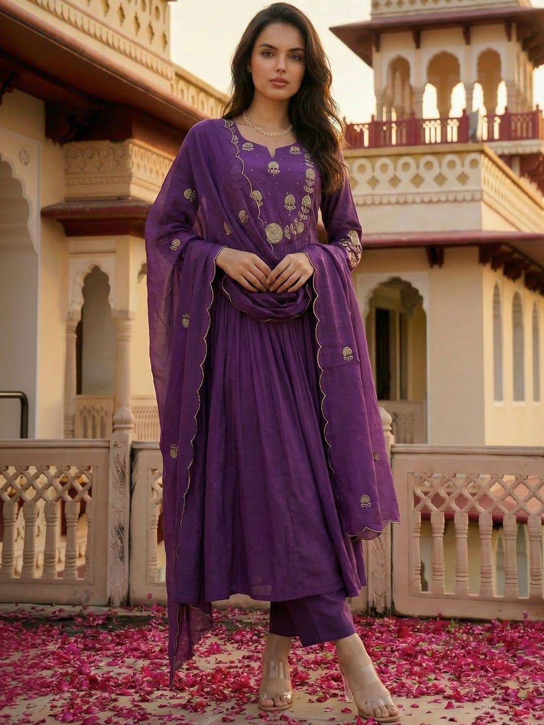 NAVYAAZRI Women Floral Embroidered Pleated Thread Work Chanderi Silk Kurta with Trousers & With Dupatta - view 1