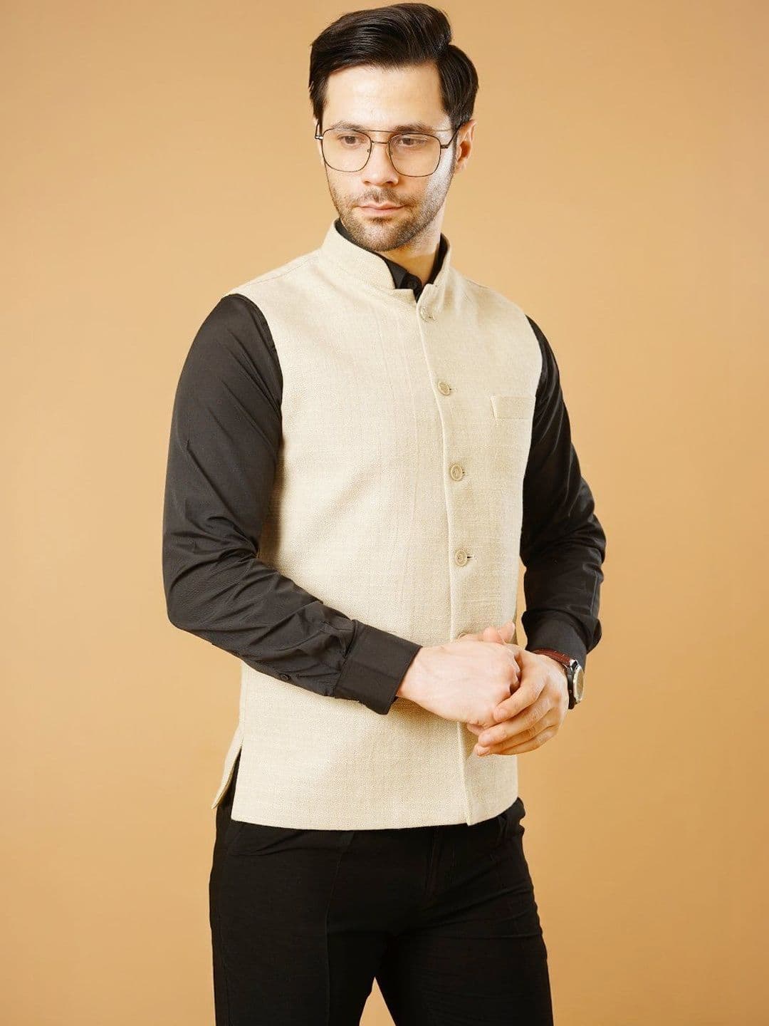Wintage Checked Woven Linen Nehru Jackets - view 1