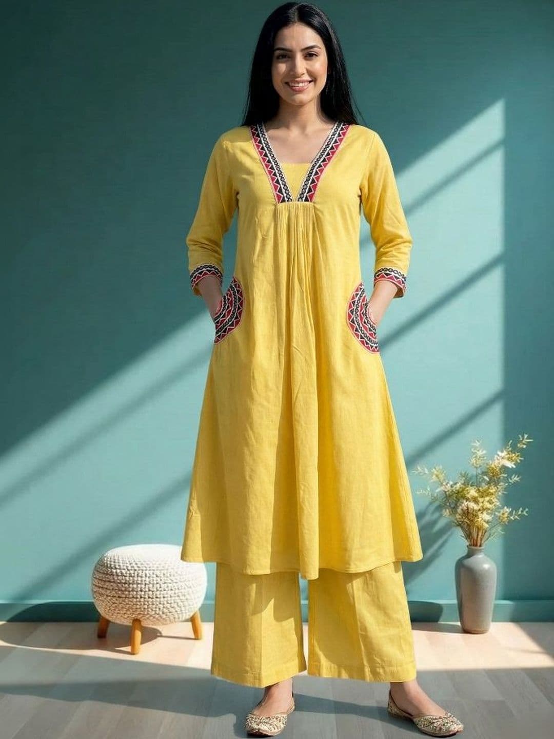 EVANORA Women Ethnic Motifs Embroidered Regular Thread Work Kurta with Palazzos - view 1