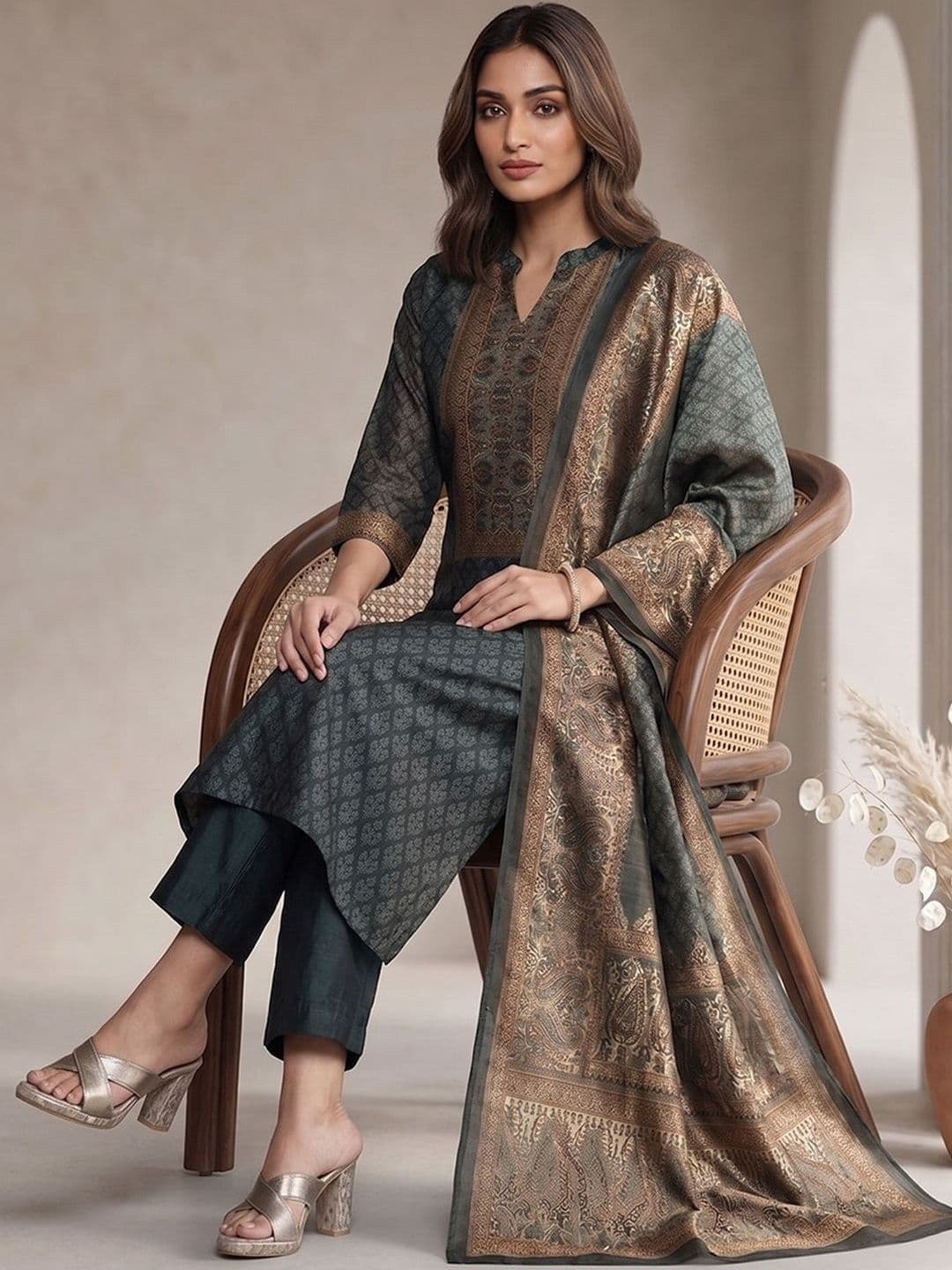 Varanga Women Ethnic Motifs Printed Regular Chanderi Silk Kurta with Trousers & With Dupatta - view 1