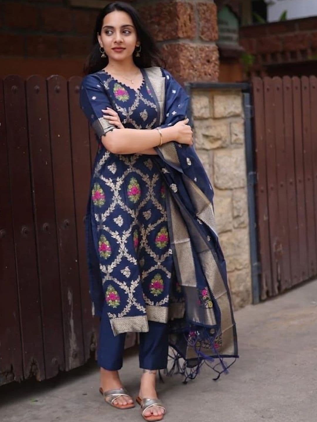 SILK BLISS Women Ethnic Motifs Regular Pure Cotton Kurta with Trousers & Dupatta - view 1