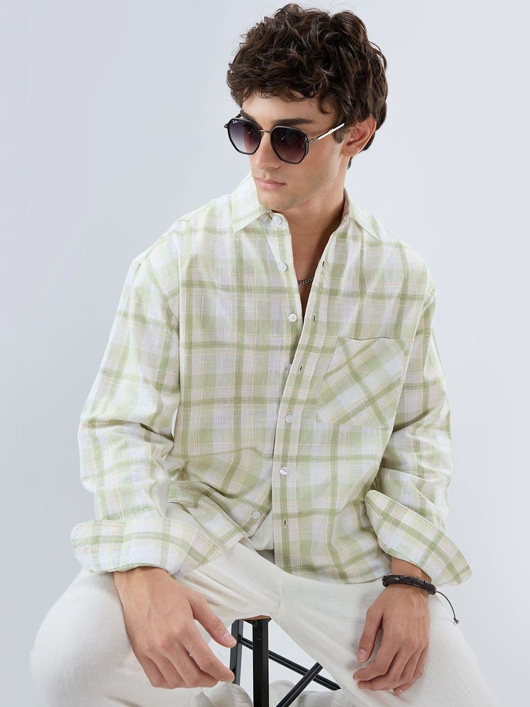 VASTRADO Premium Spring Green Fine Weave Boxy Fit Crop Shirt - view 1