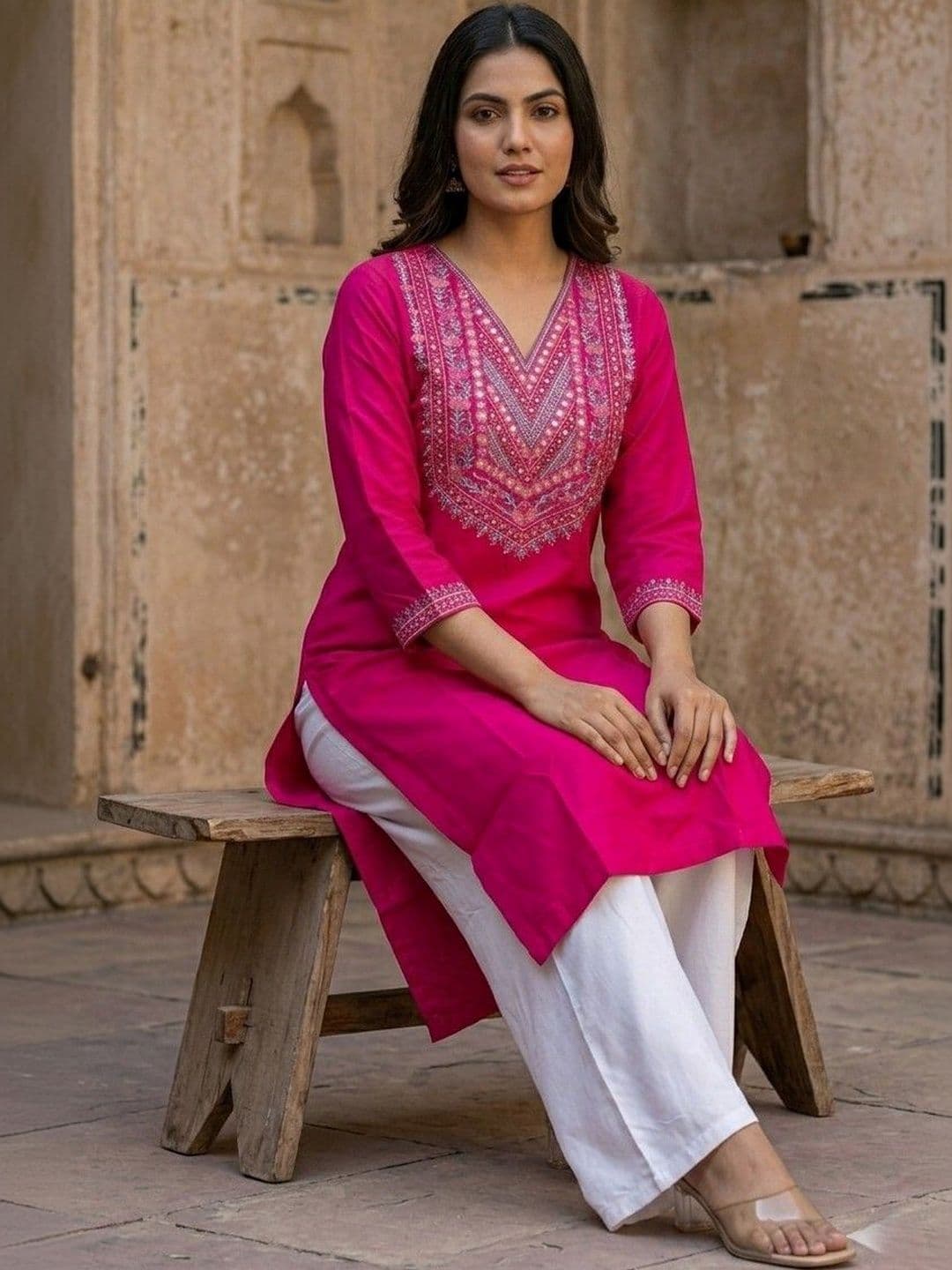 House of Pataudi Embroidered V-Neck Calf Length Straight Kurtas - view 1