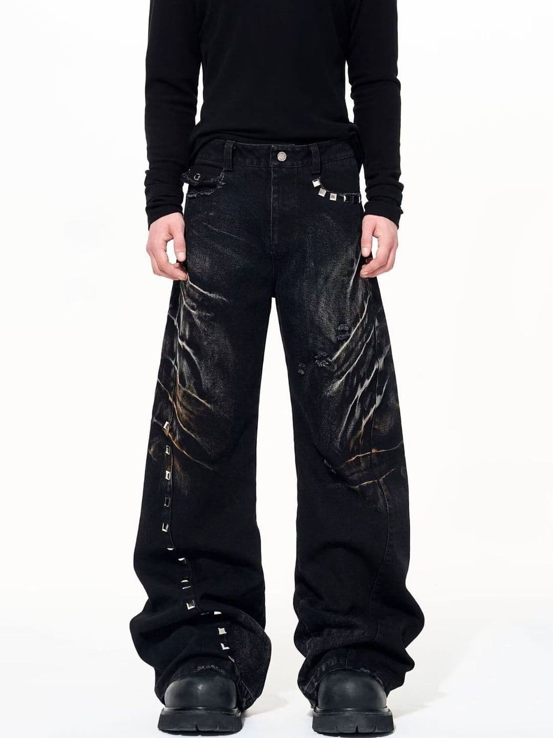 ANDREW HILL Men Wide Leg Mid-Rise Mildly Distressed Light Fade Jeans - view 1