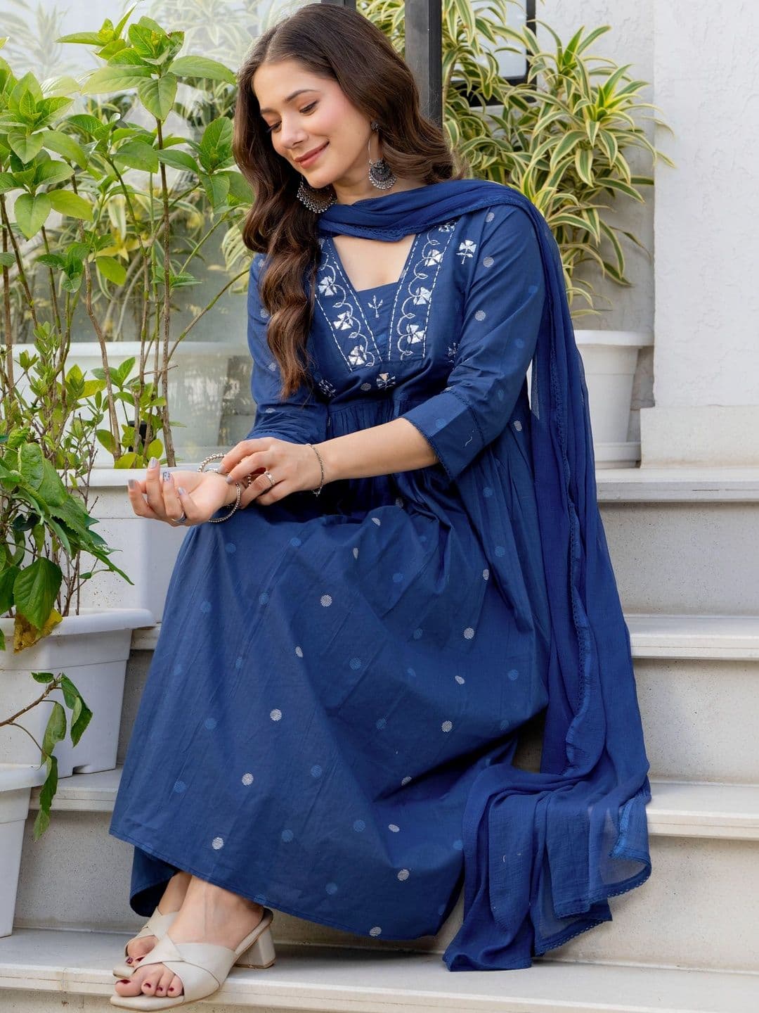 NAVYAAZRI Women Ethnic Motifs Embroidered Tiered Thread Work Pure Cotton Kurta with Trousers & With Dupatta - view 1