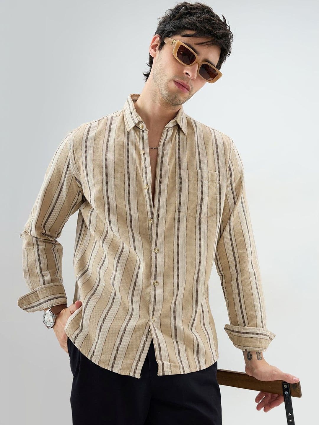 VASTRADO Retro Vibe Vertical Stripes Cotton Long Sleeves Slim Fit Shirt - view 1