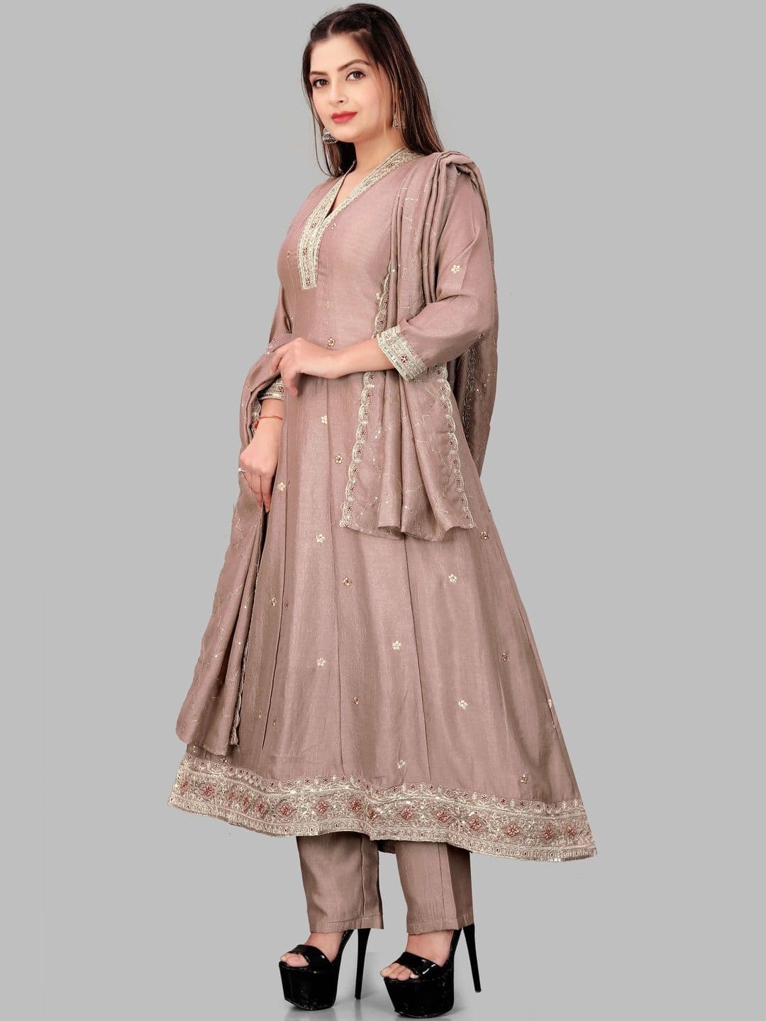 HERE&NOW Women Ethnic Motifs Embroidered Tiered Sequinned Pure Silk Kurta with Trousers & With Dupatta - view 1