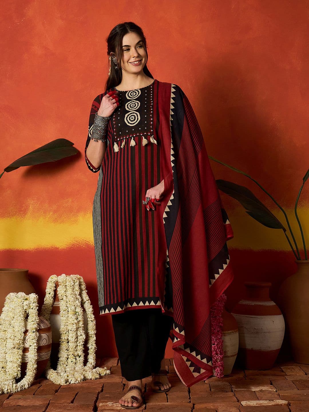 Sangria Striped Pure Cotton Round Neck Kurta & Trousers With Dupatta - view 1