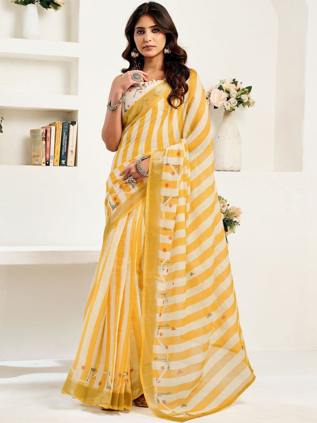 Sangria Yellow Linen Ready To Wear Saree With Printed Design - view 1