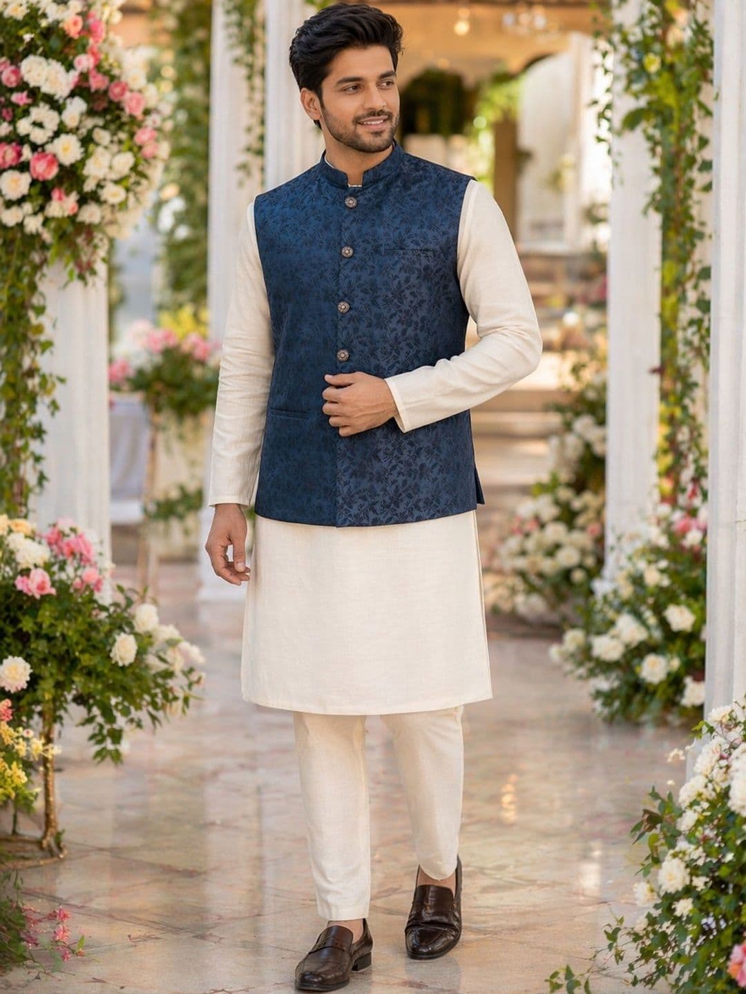 House of Pataudi Textured Woven Design Floral Nehru Jacket - view 1