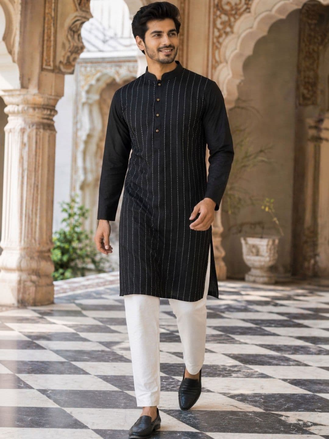 House of Pataudi Striped Pure Cotton Mandarin Collar Knee Length Straight Kurta - view 1