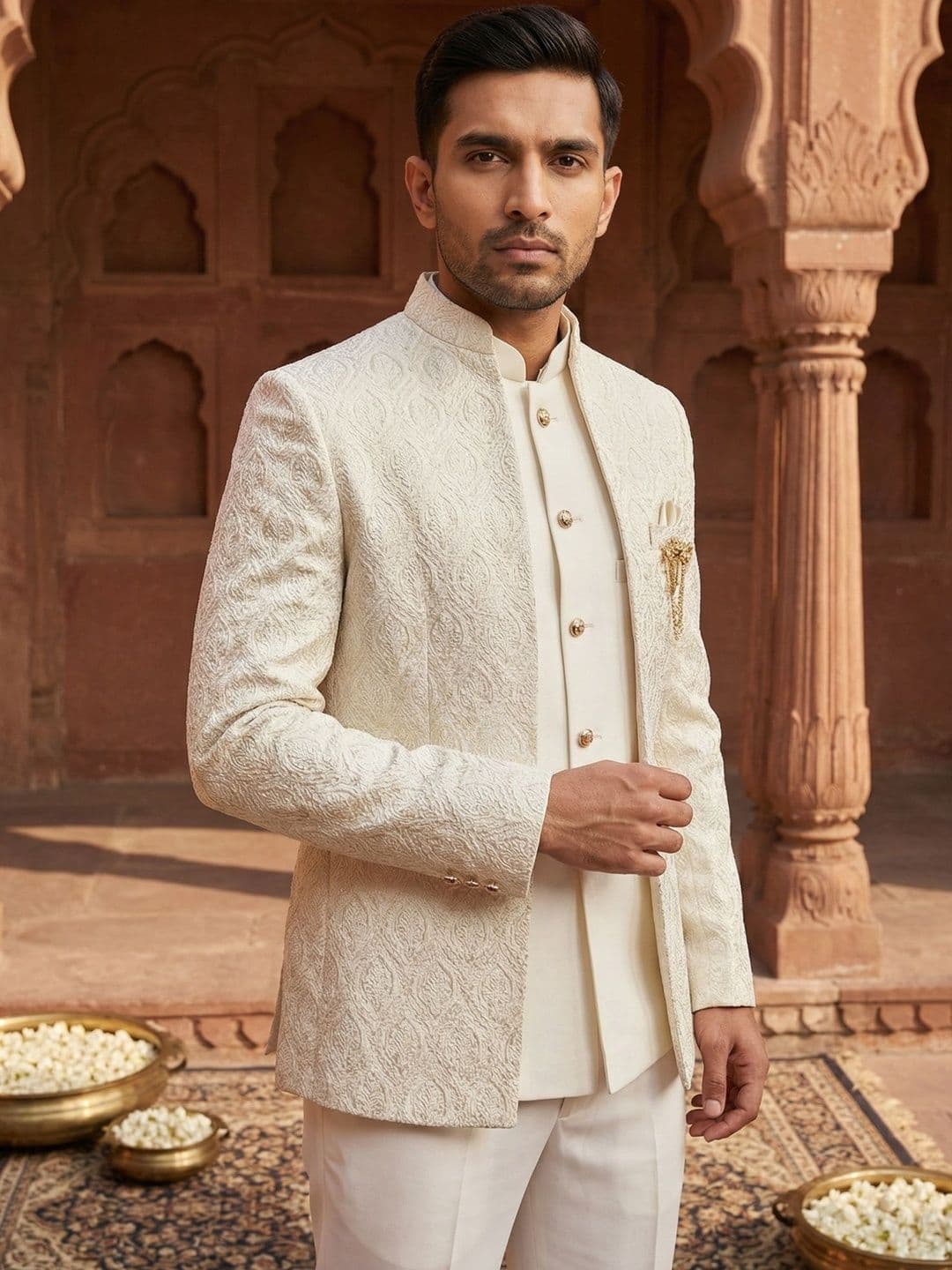 Jompers Self Design Mandarin Collar Sherwani