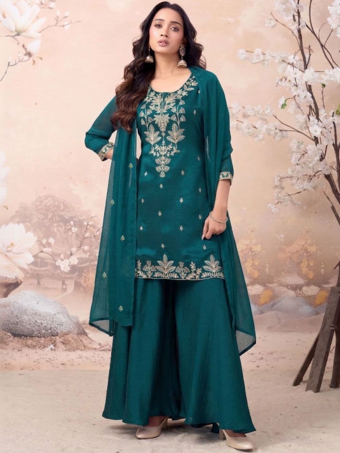 Sangria Embroidered Silk Blend Round Neck Kurta & Sharara With Dupatta - view 1