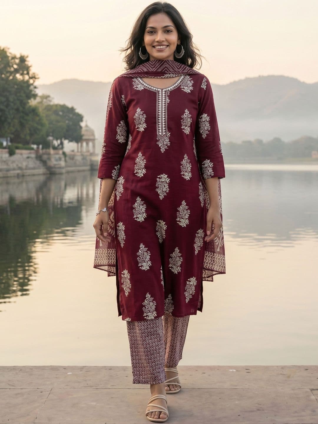 RiRi Women Ethnic Motifs Printed Regular Thread Work Kurta with Trousers & With Dupatta - view 1
