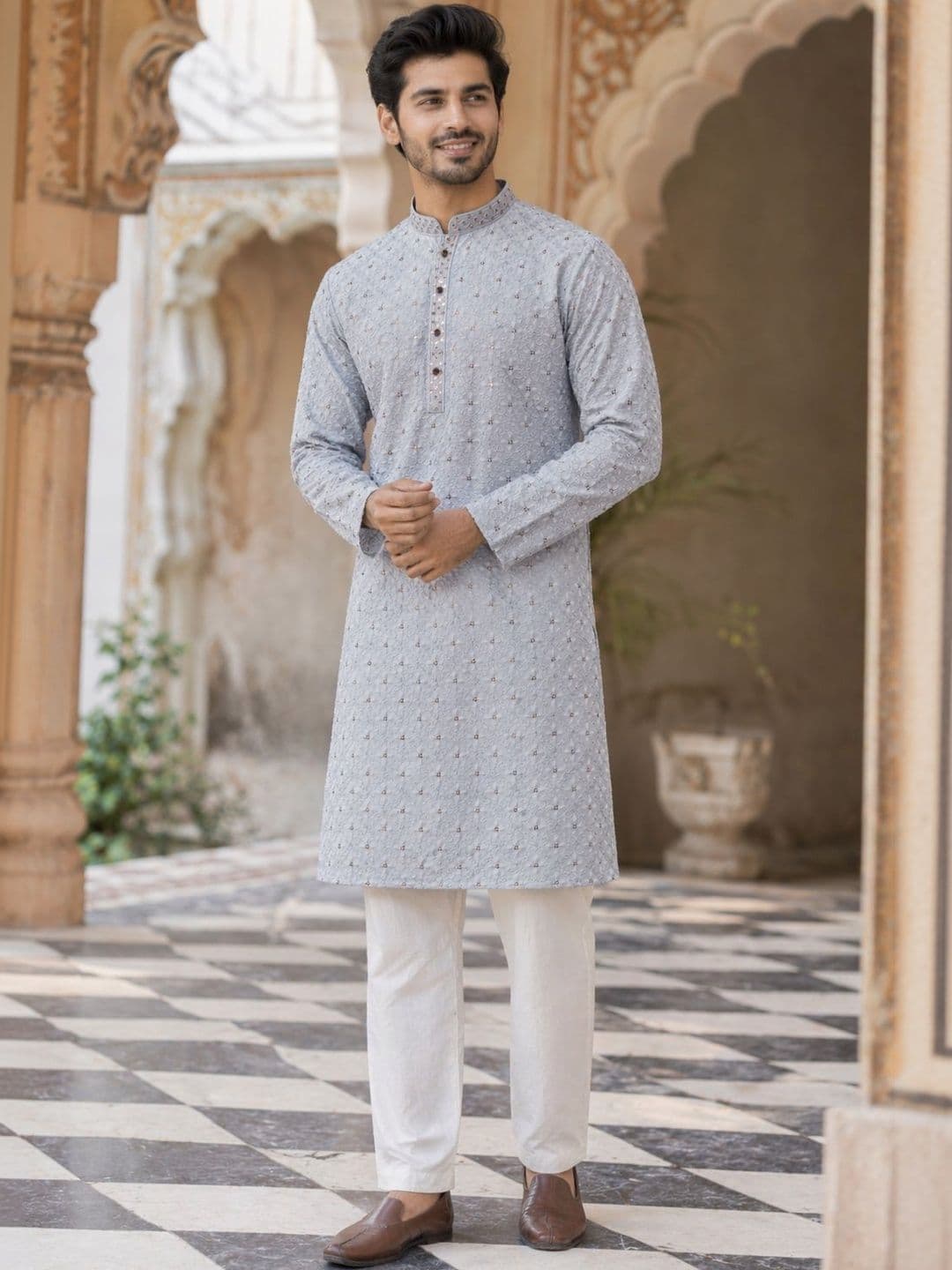 House of Pataudi Embroidered Mandarin Collar Knee Length Straight Kurta - view 1
