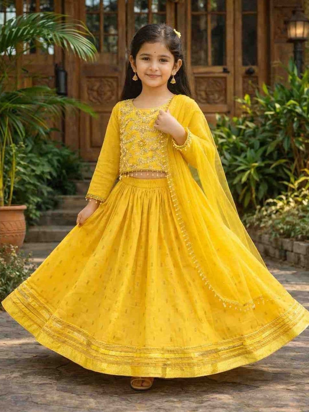 KALINI Girls Embellished Mirror Work Tie and Dye Semi-Stitched Lehenga & Blouse With Dupatta - view 1