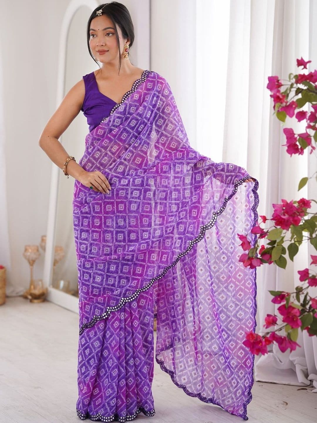 HERE&NOW Bandhani Mirror Work Poly Georgette Bandhani Saree - view 1