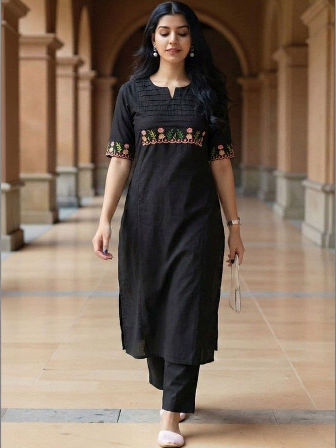 Moda Rapido Women Floral Embroidered Pleated Thread Work Pure Cotton Kurta with Trousers - view 1