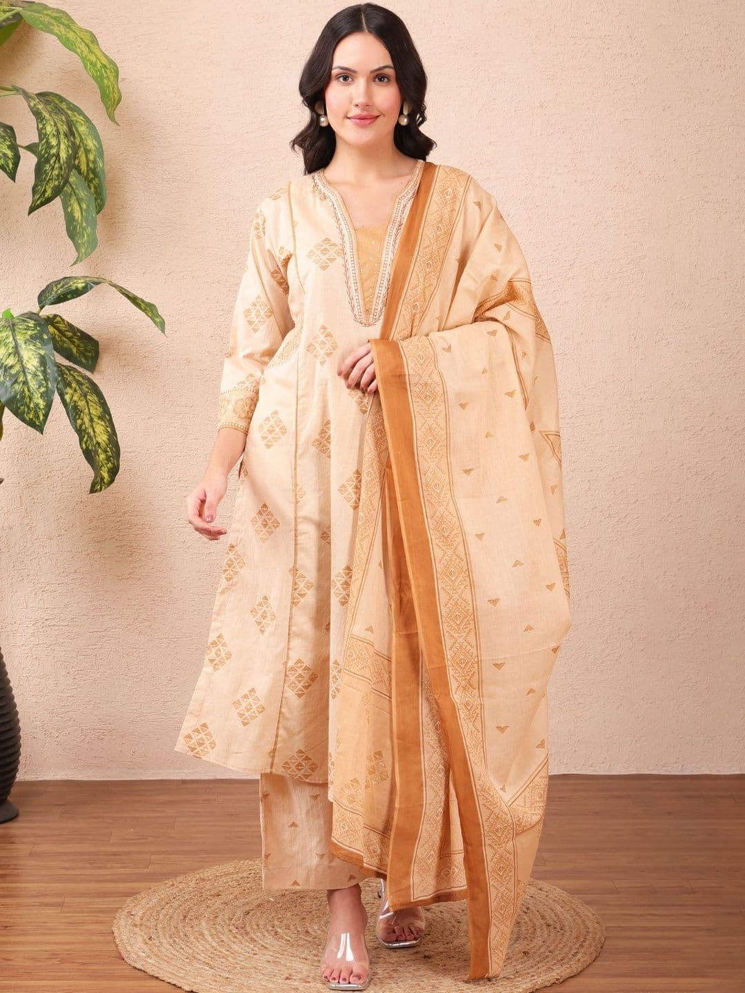 KRIDHAA FASHION BOUTIQUE Women Ethnic Motifs Printed Regular Thread Work Pure Cotton Kurta with Trousers & - view 1