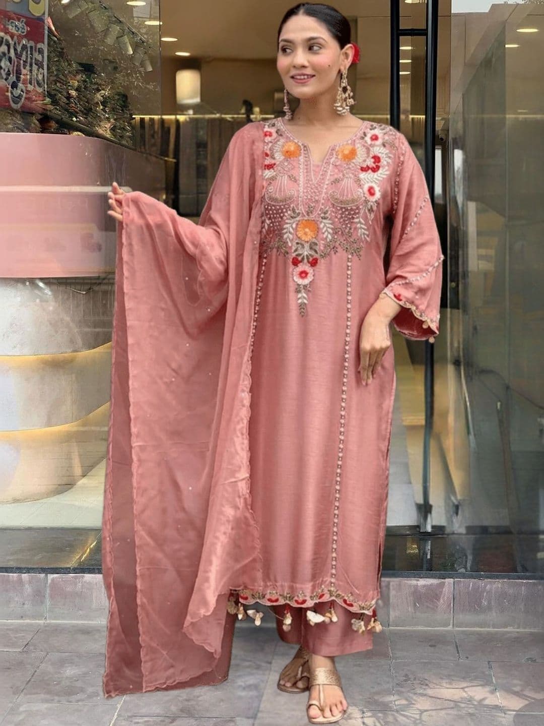 KALINI Women Motifs Embroidered Thread Work Chanderi Silk Kurta with Trousers & Dupatta - view 1