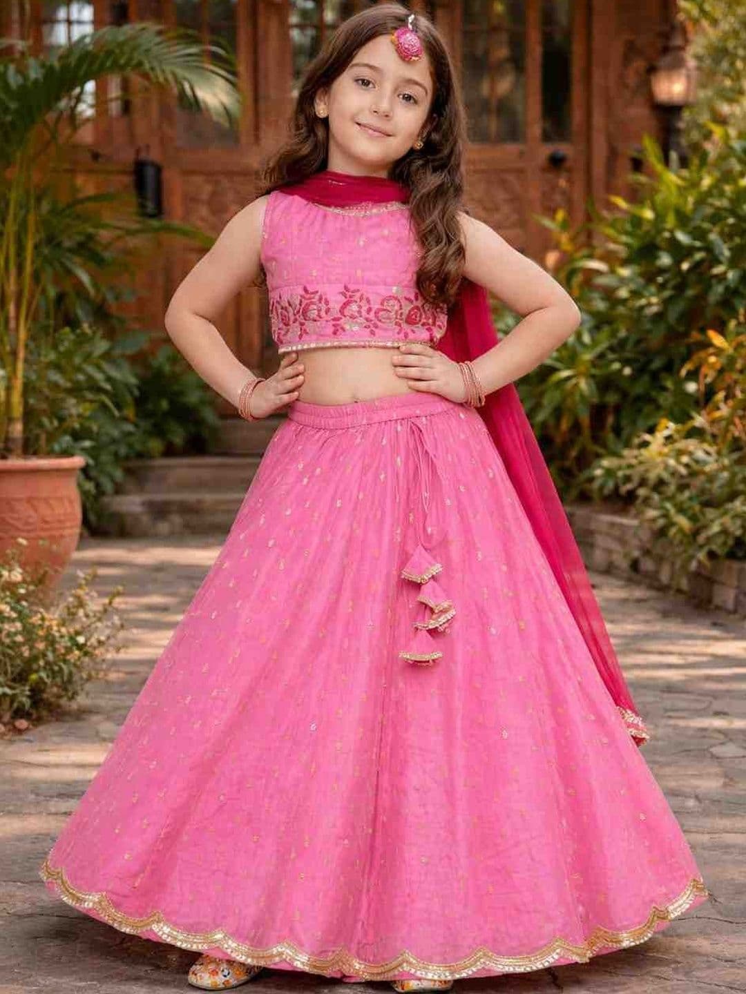 BAESD Girls Embroidered Thread Work Semi-Stitched Lehenga & Blouse With Dupatta - view 1