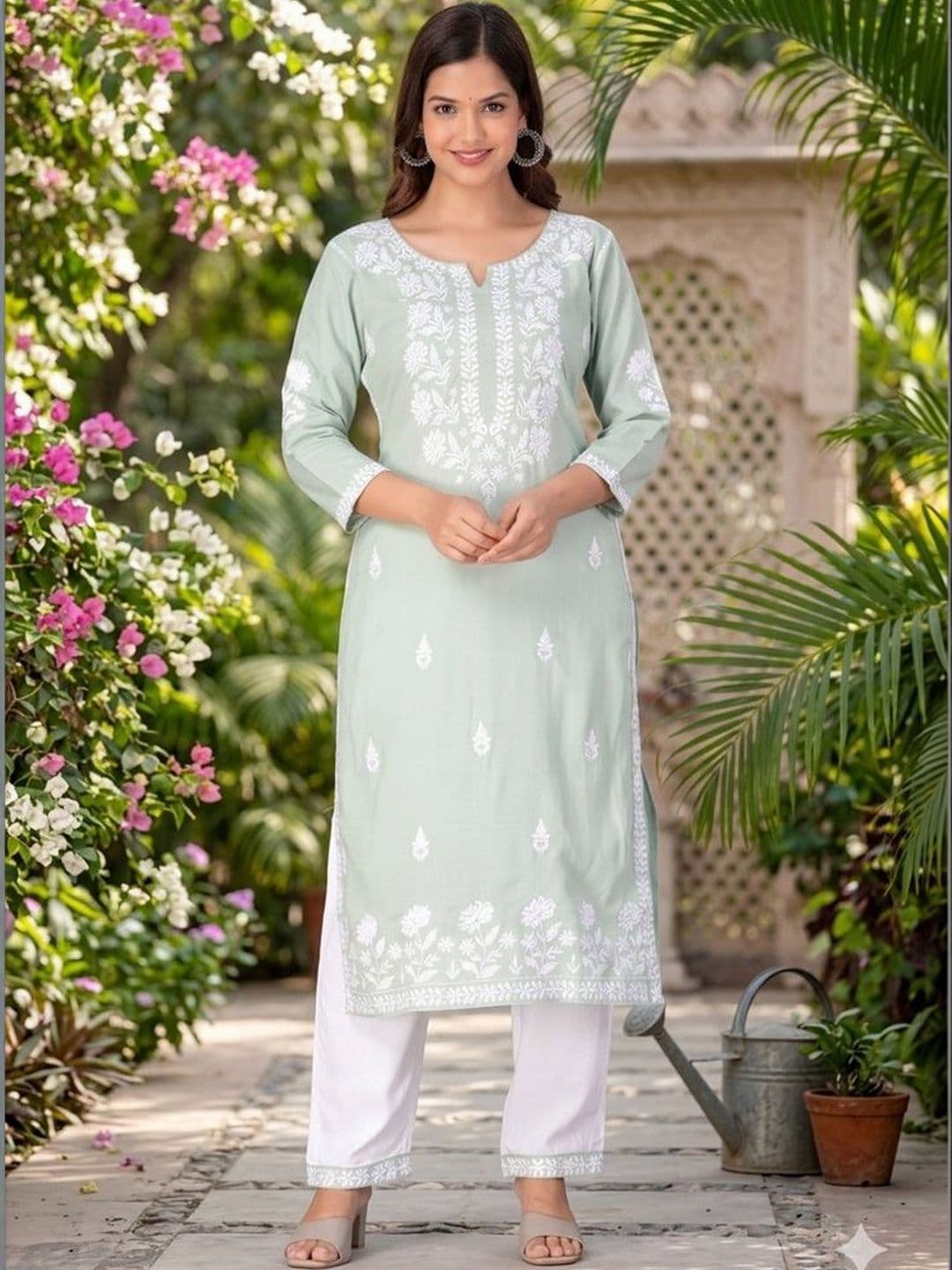 KALINI Women Ethnic Motifs Embroidered Regular Chikankari Kurta with Trousers - view 1