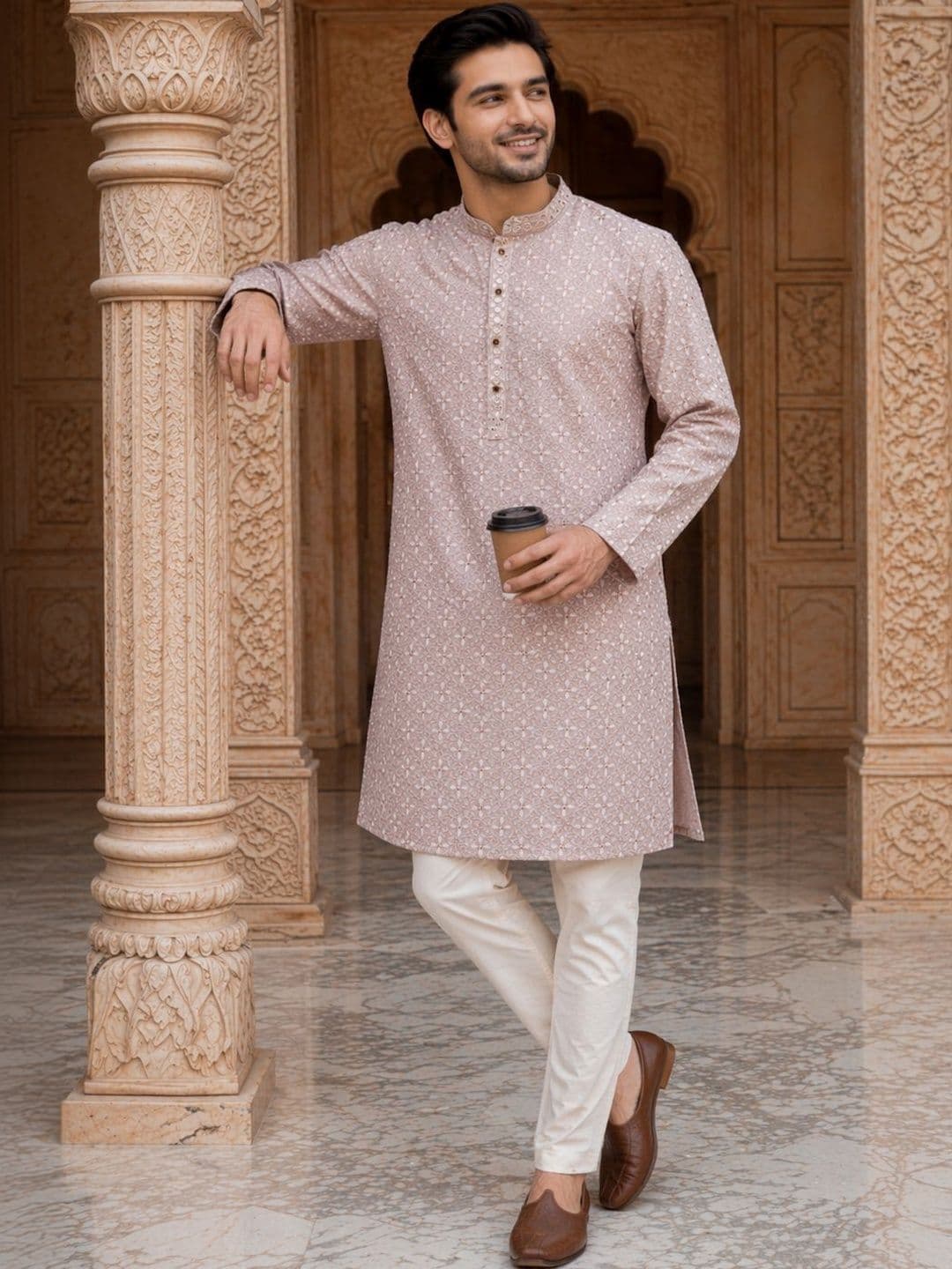 House of Pataudi Embroidered Mandarin Collar Knee Length Straight Kurta - view 1