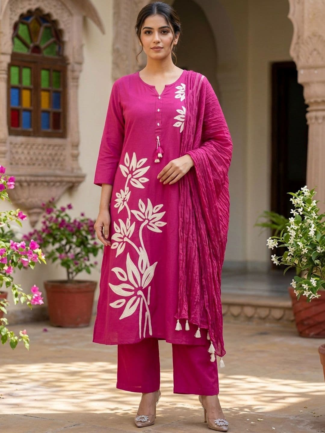 JISORA Women Floral Embroidered Regular Pure Cotton Kurta with Palazzos & With Dupatta - view 1