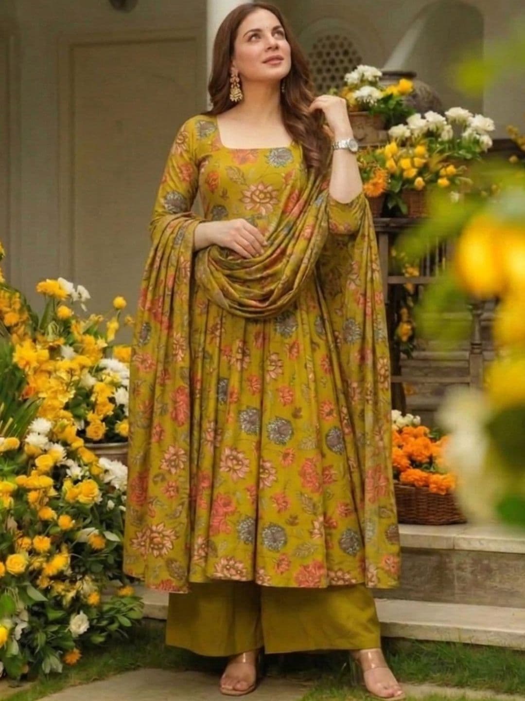 GoSriKi Plus Size Floral Printed Square Neck Tiered Kurta With Palazzos & Dupatta - view 1
