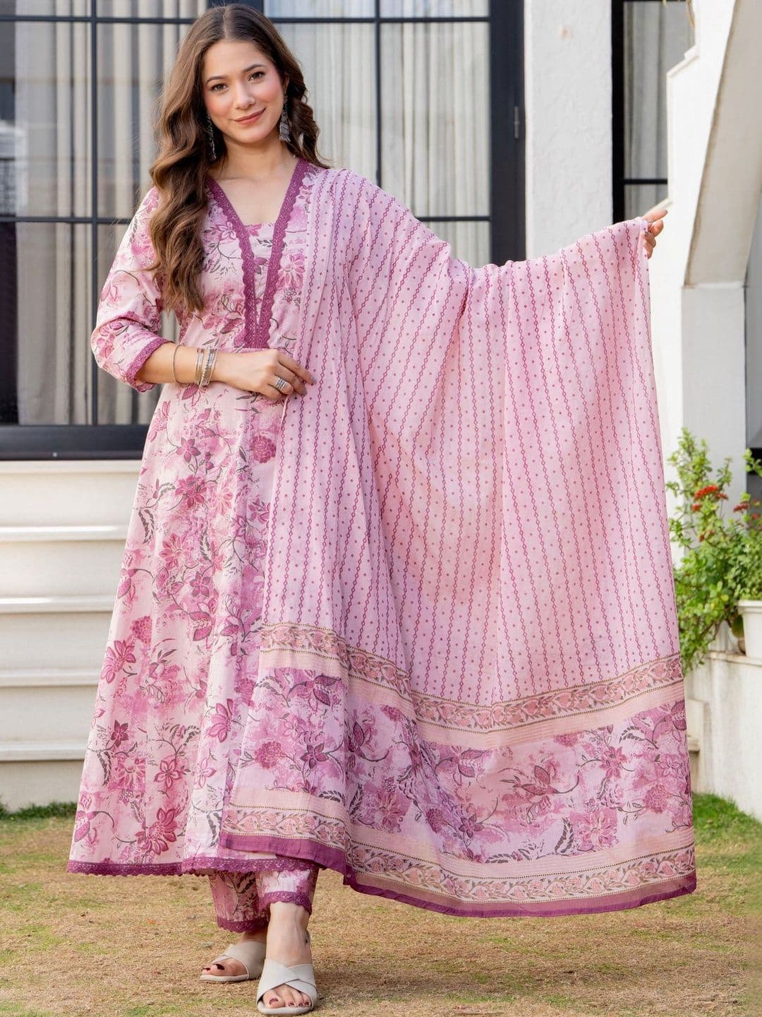 TOULIN Women Floral Printed Empire Pure Cotton Kurta with Trousers & With Dupatta - view 1