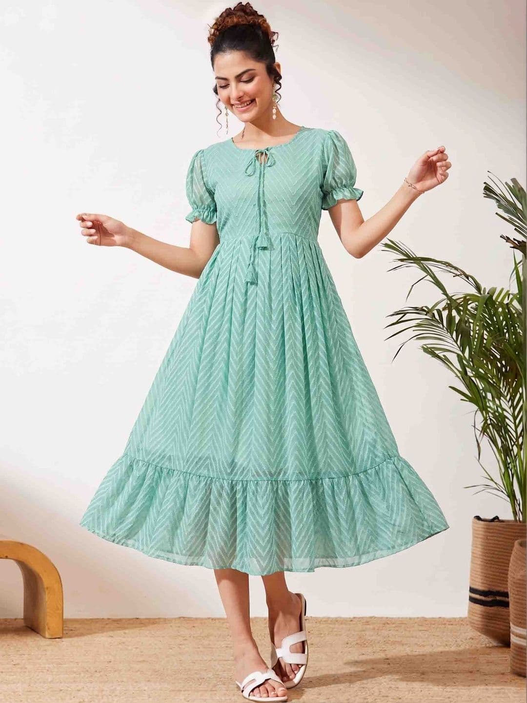 QENA Puff Sleeve Georgette A-Line Midi Dress - view 1