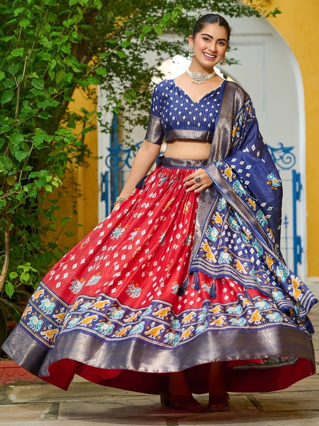 House of Pataudi Printed Dupion Silk V-Neck Lehenga Choli & Dupatta - view 1