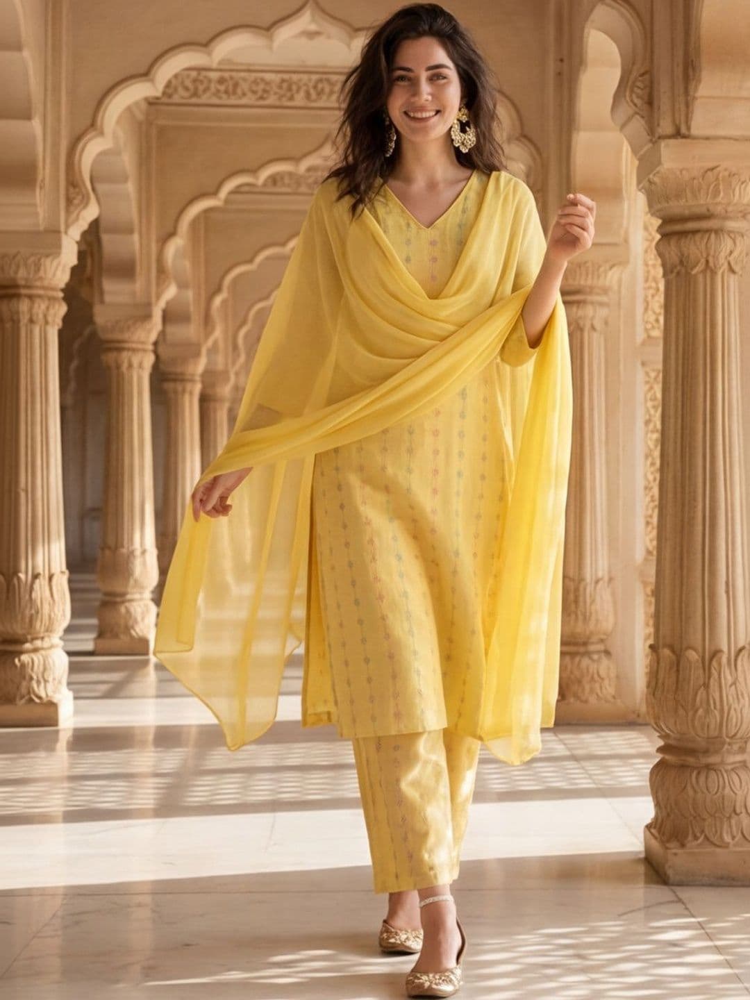 House of Pataudi Printed Pure Cotton V-Neck Kurta & Palazzos With Dupatta - view 1