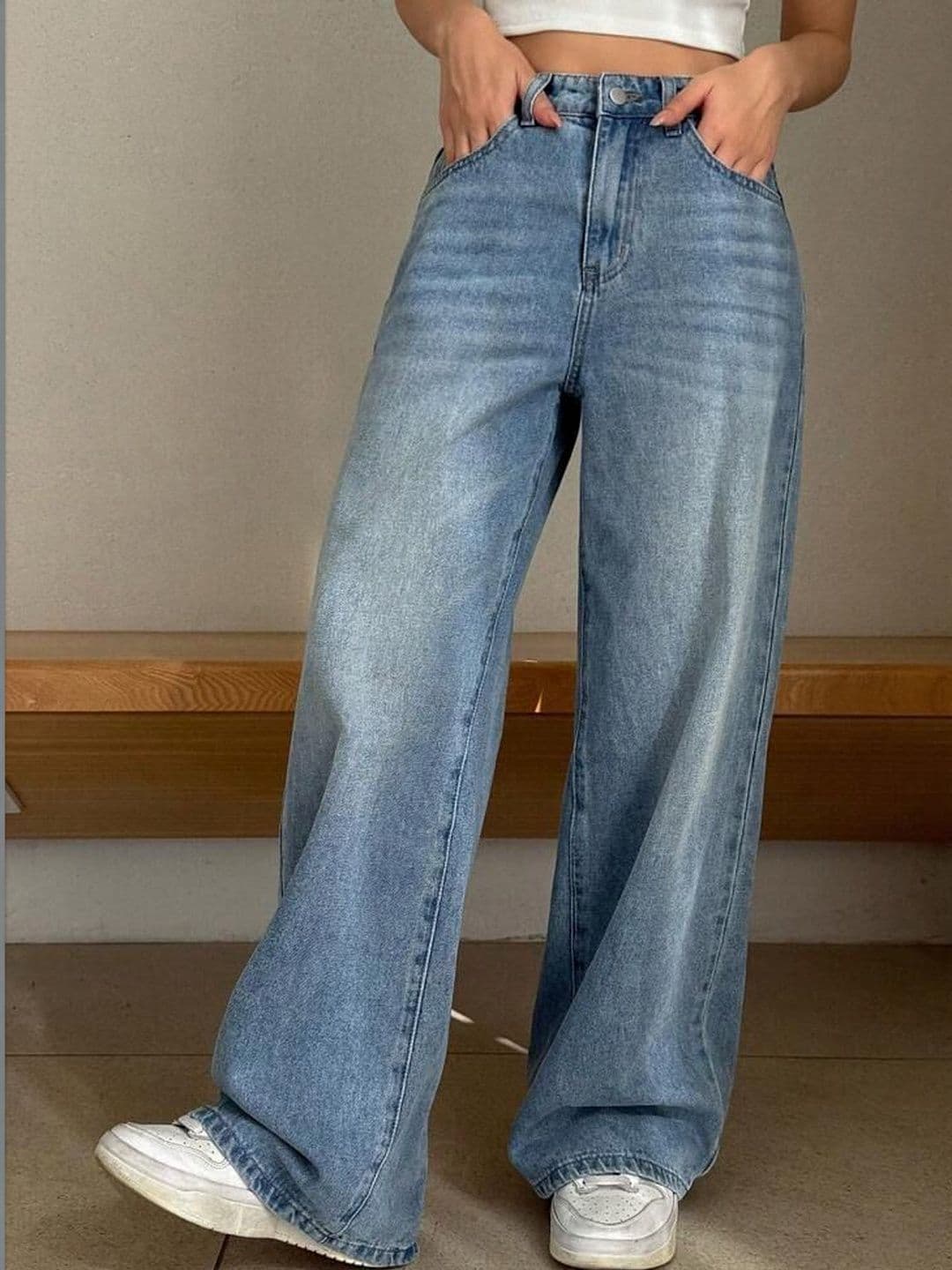 ZUYA Premium Retro Blue Light Fade High-Rise Wide Leg Stretchable Jeans - view 1