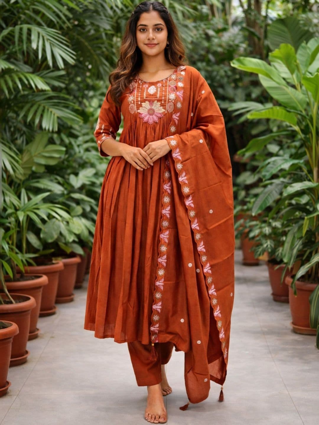 Ishin Ethnic Motifs Embroidered Anarkali Thread Work Kurta with Trousers & With Dupatta - view 1