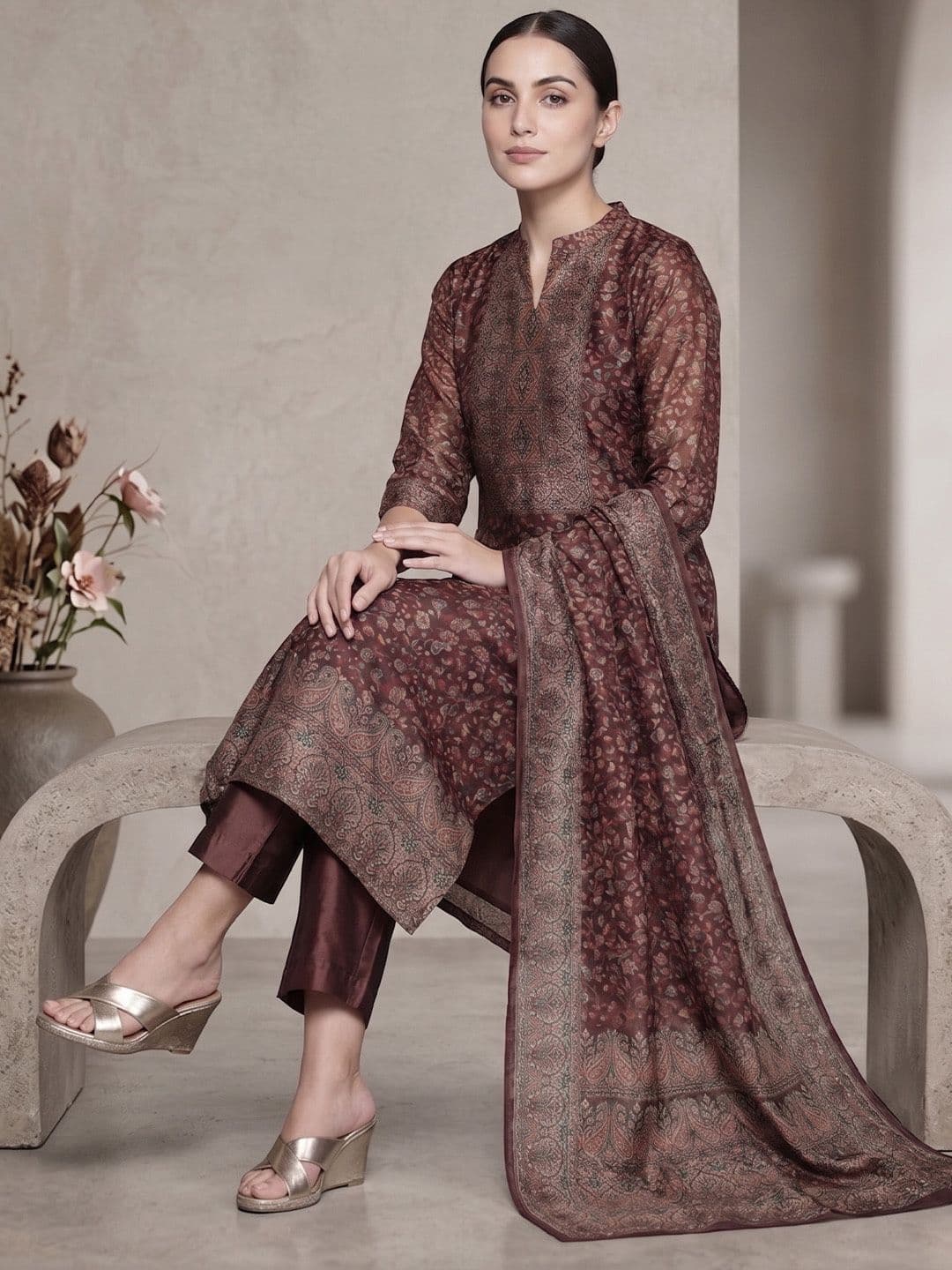 Varanga Women Ethnic Motifs Printed Regular Chanderi Silk Kurta with Trousers & With Dupatta - view 1