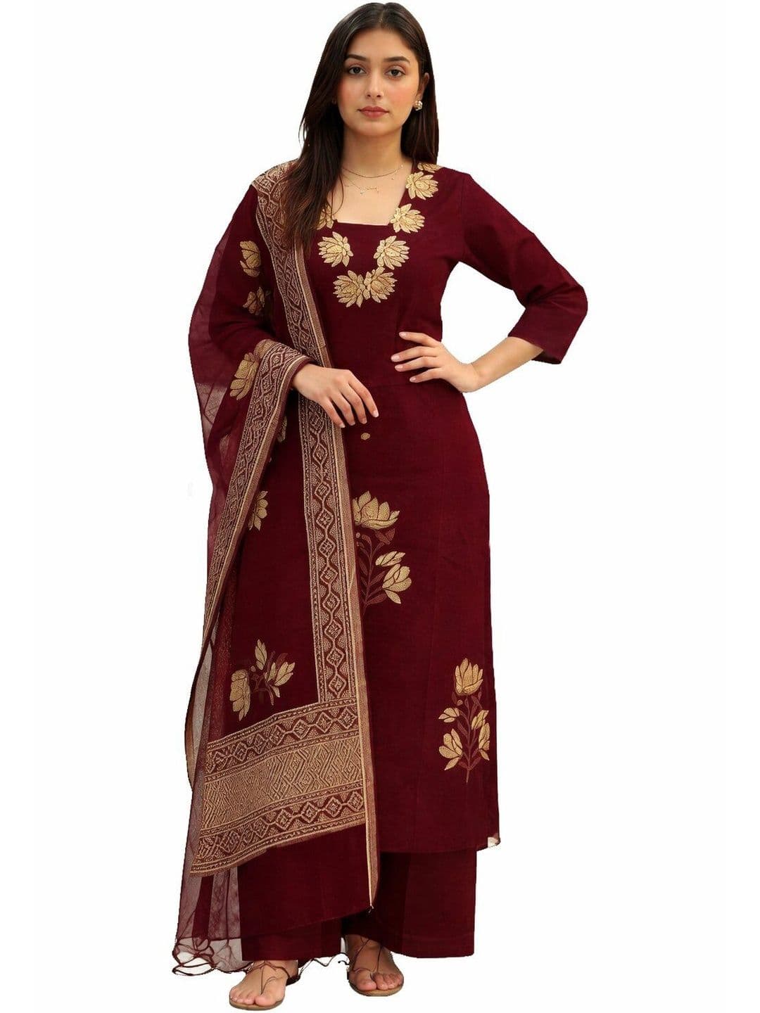 NARI DREAM Women Floral Embroidered Regular Thread Work Kurta with Palazzos & With Dupatta - view 1