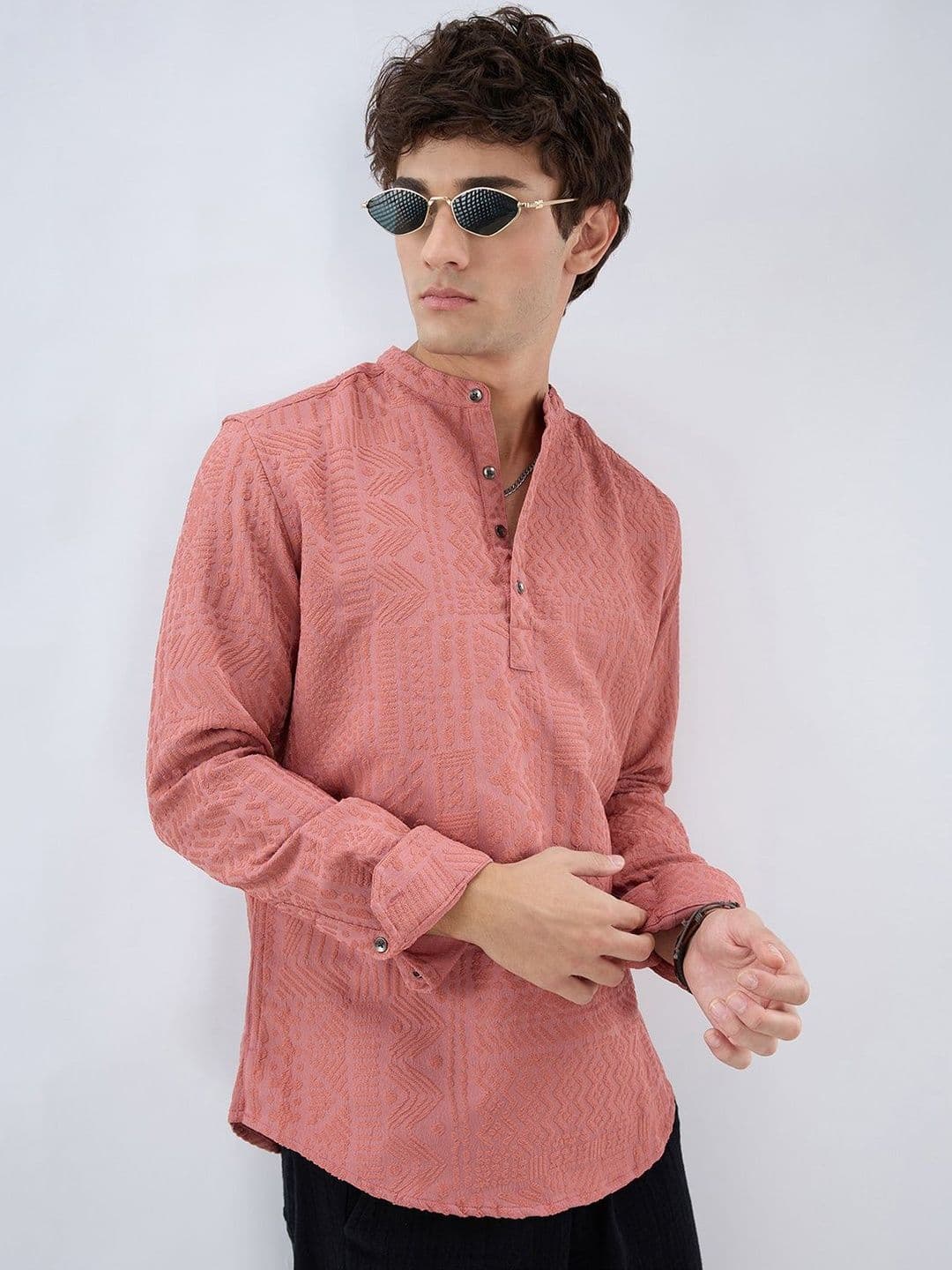 VASTRADO Intricate Soft Coral Textured Kurta - view 1