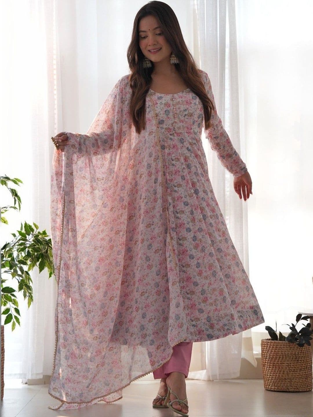 all about you Women Floral Printed Empire Silk Chiffon Kurta with Trousers & With Dupatta - view 1