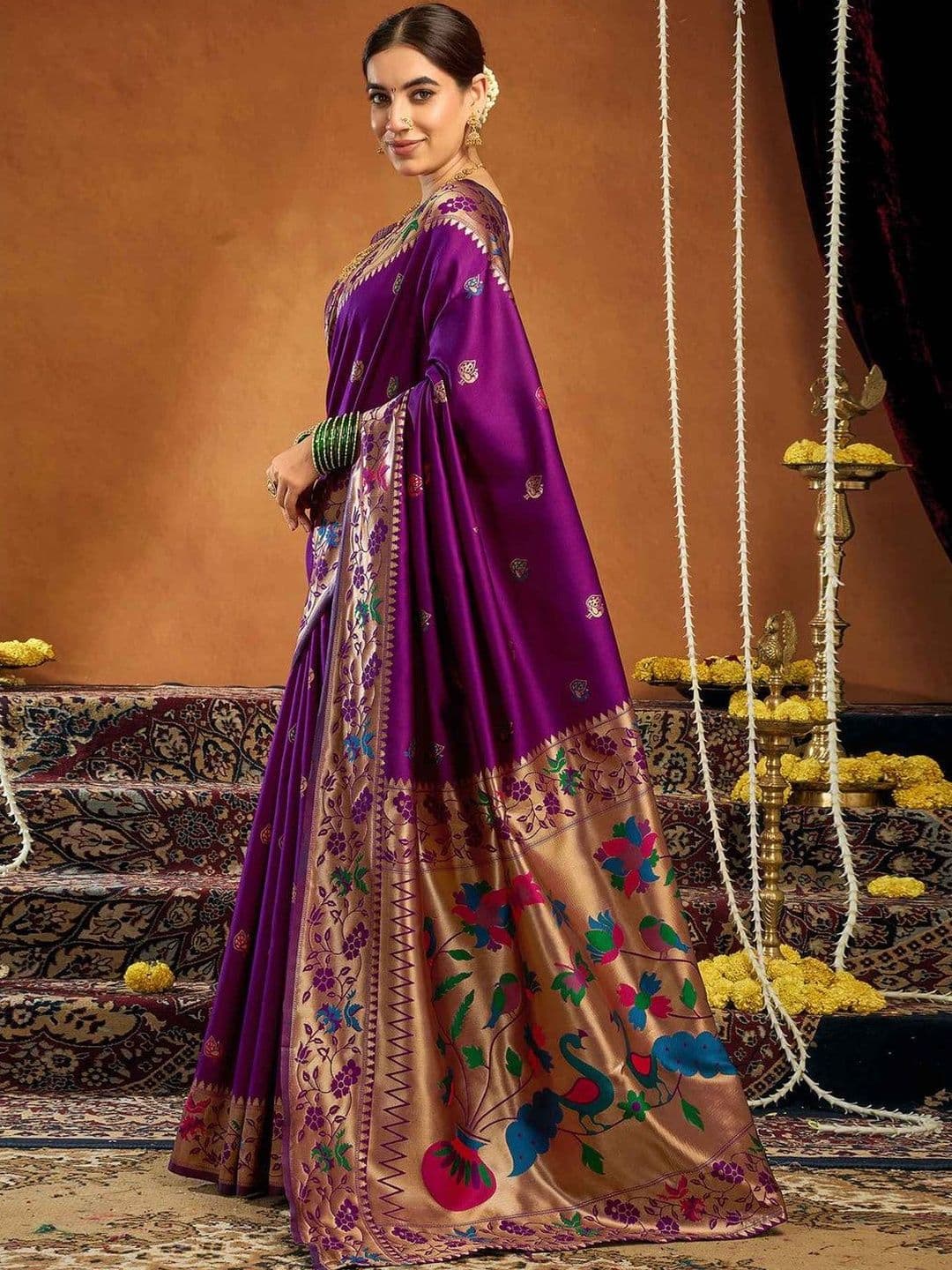 PHEASANT Ethnic Motifs Zari Art Silk Paithani Saree - view 1