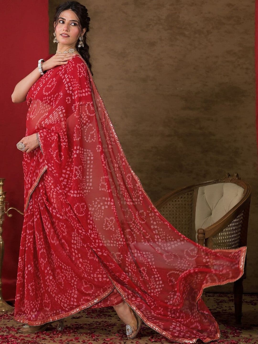 KALINI Bandhani Sequinned Pure Chiffon Fashion Saree - view 1