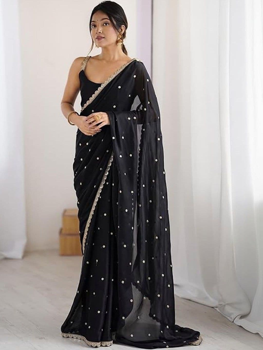 Peachmode Embellished Sequinned Pure Georgette Saree - view 1
