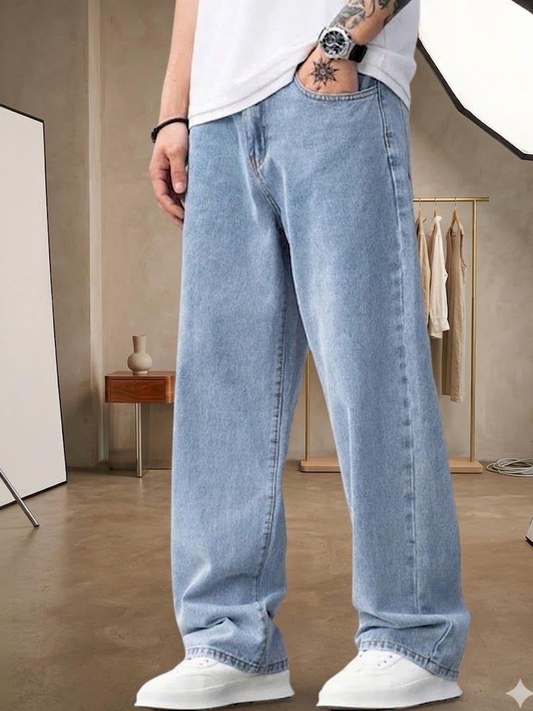 NIFFER FASHION Men Jean Wide Leg Mid-Rise Light Fade Applique Jeans