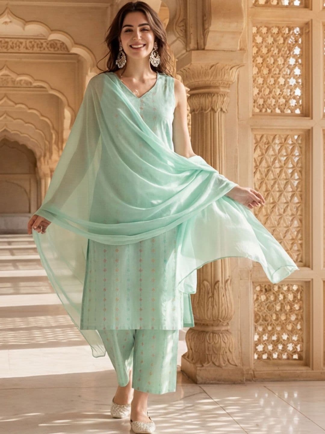 House of Pataudi Self Design Pure Cotton Kurta & Trousers With Dupatta - view 1