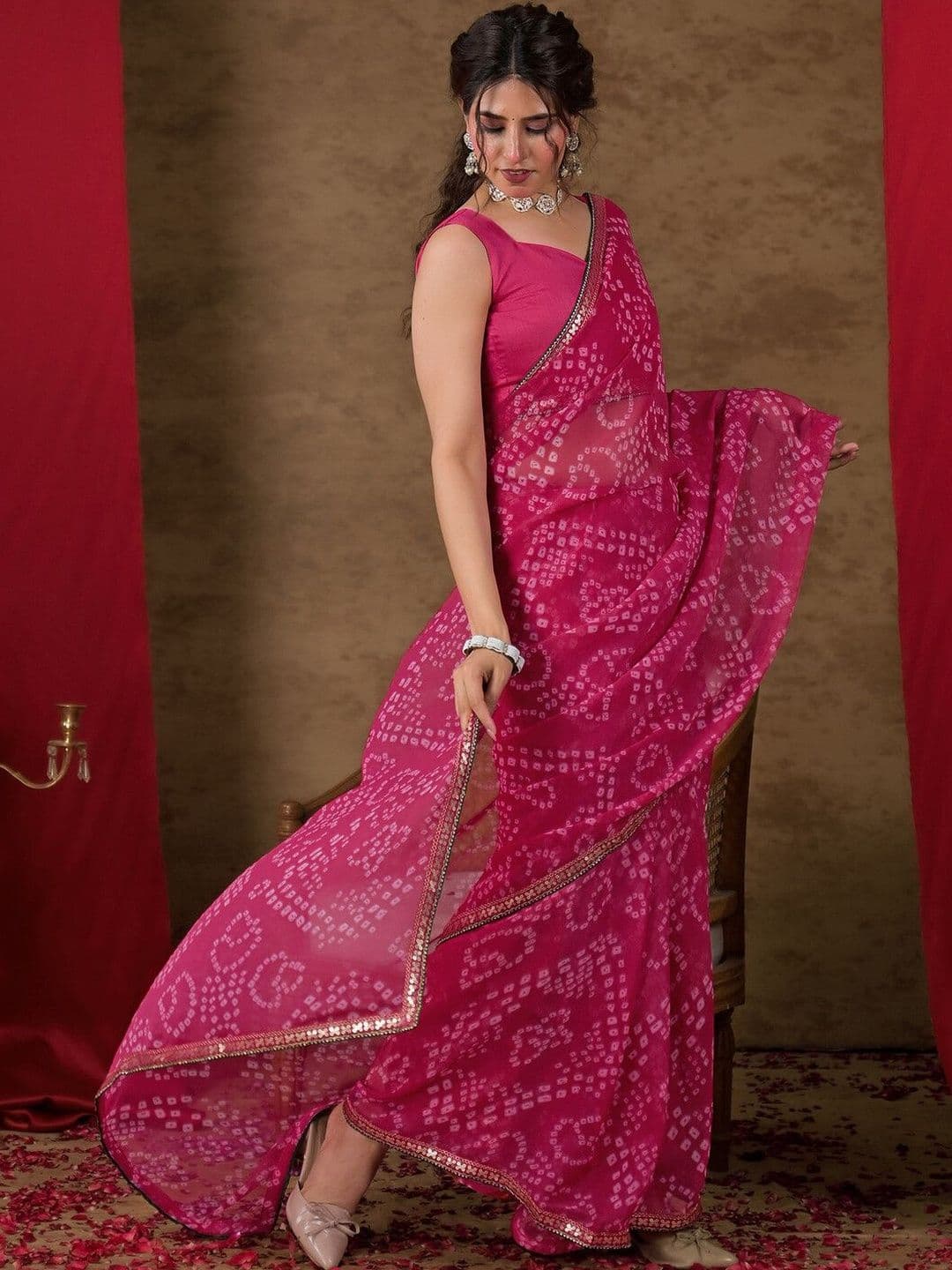 KALINI Bandhani Sequinned Pure Chiffon Fashion Saree - view 1