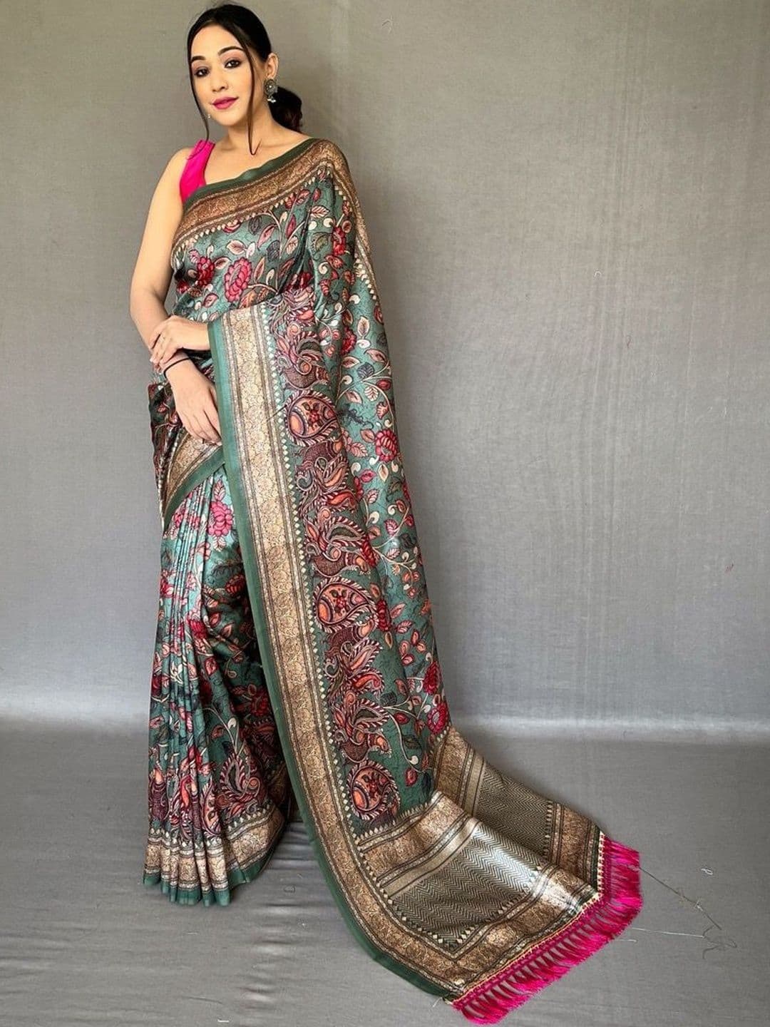 House of Pataudi Kalamkari Printed Sarees With Unstitched Blouse Piece - view 1