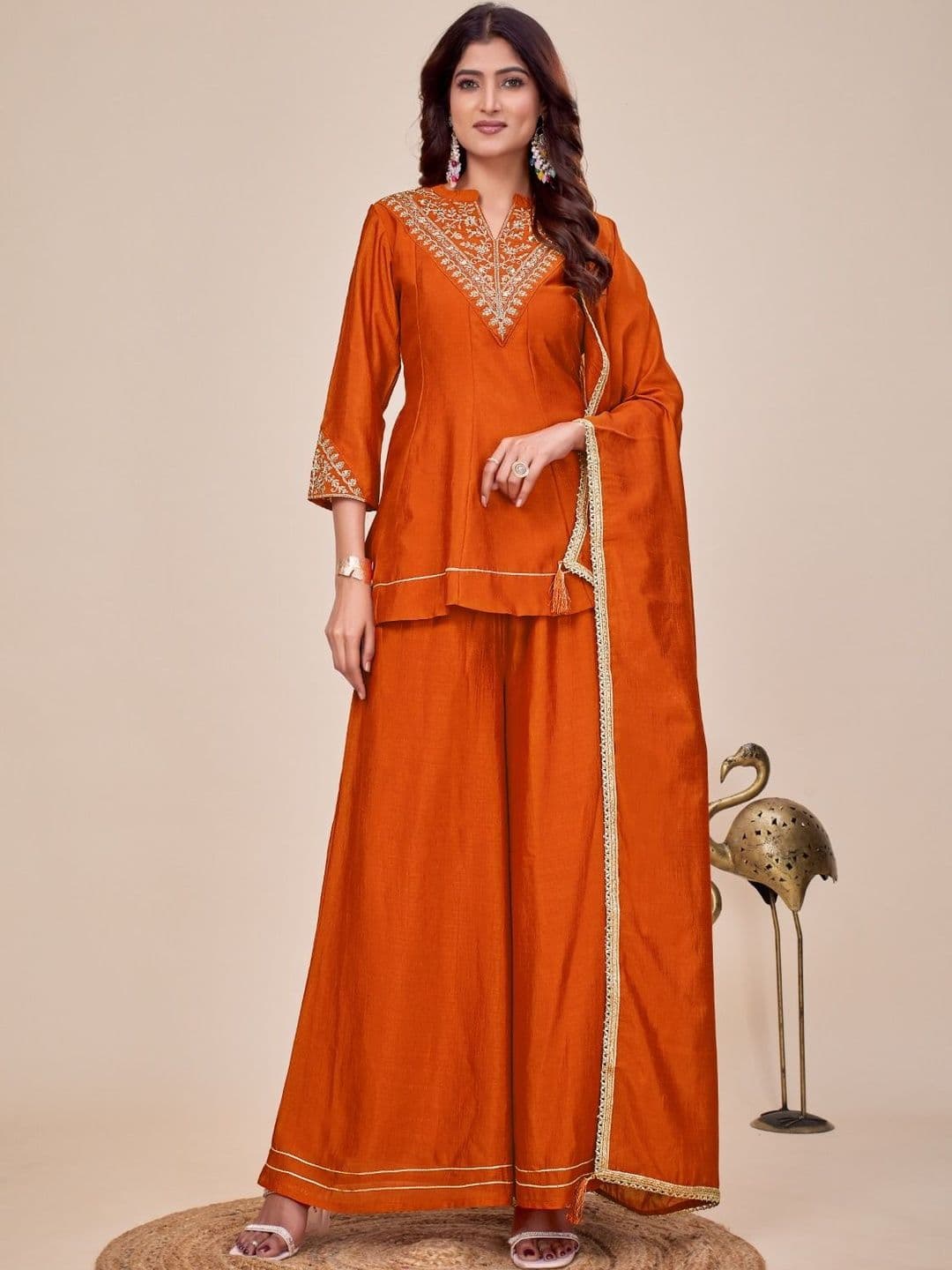 Sangria Embroidered Mandarin Collar Kurti & Palazzos With Dupatta - view 1