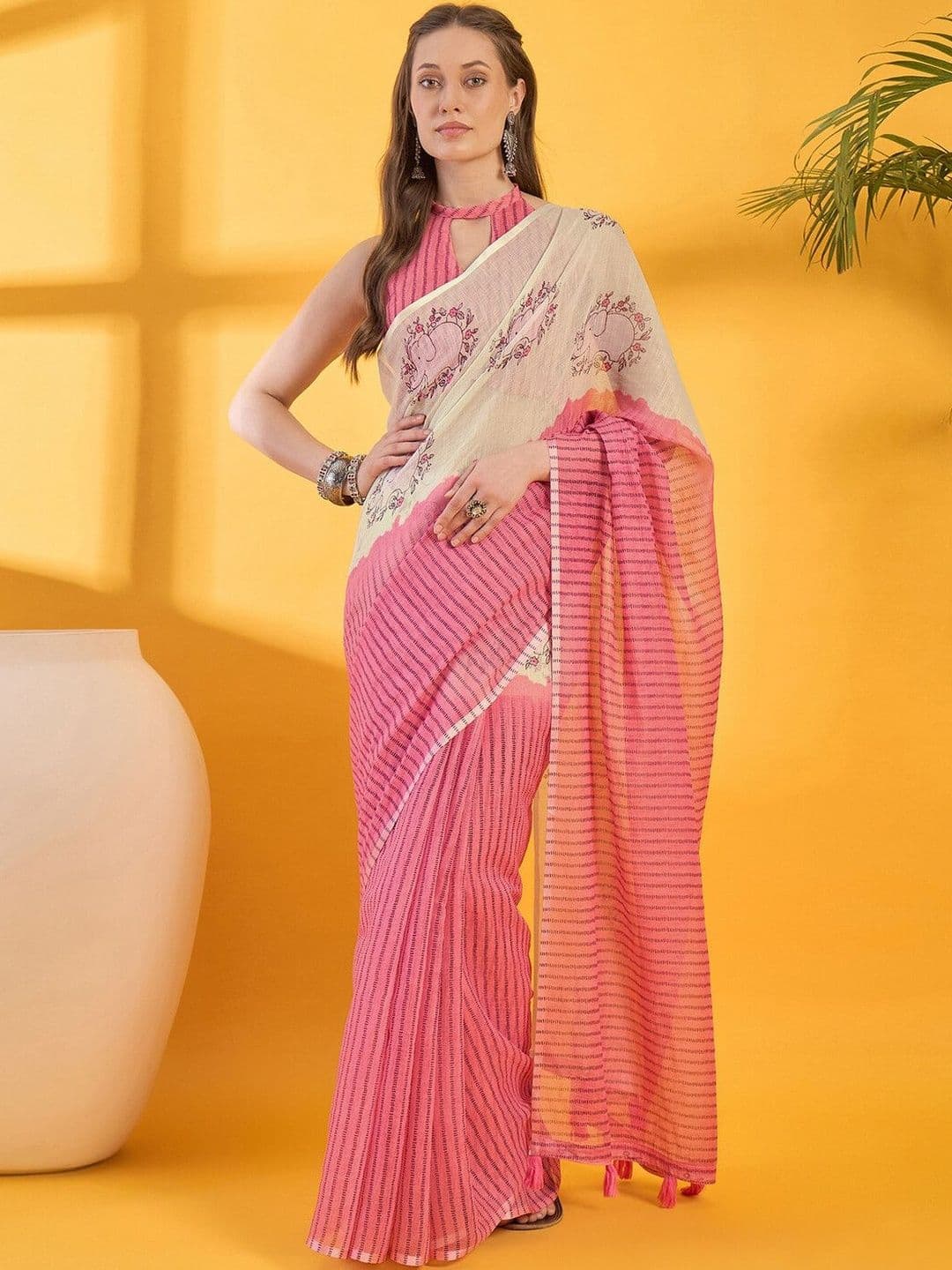 HERE&NOW Ethnic Motifs Linen Blend Fashion Saree - view 1