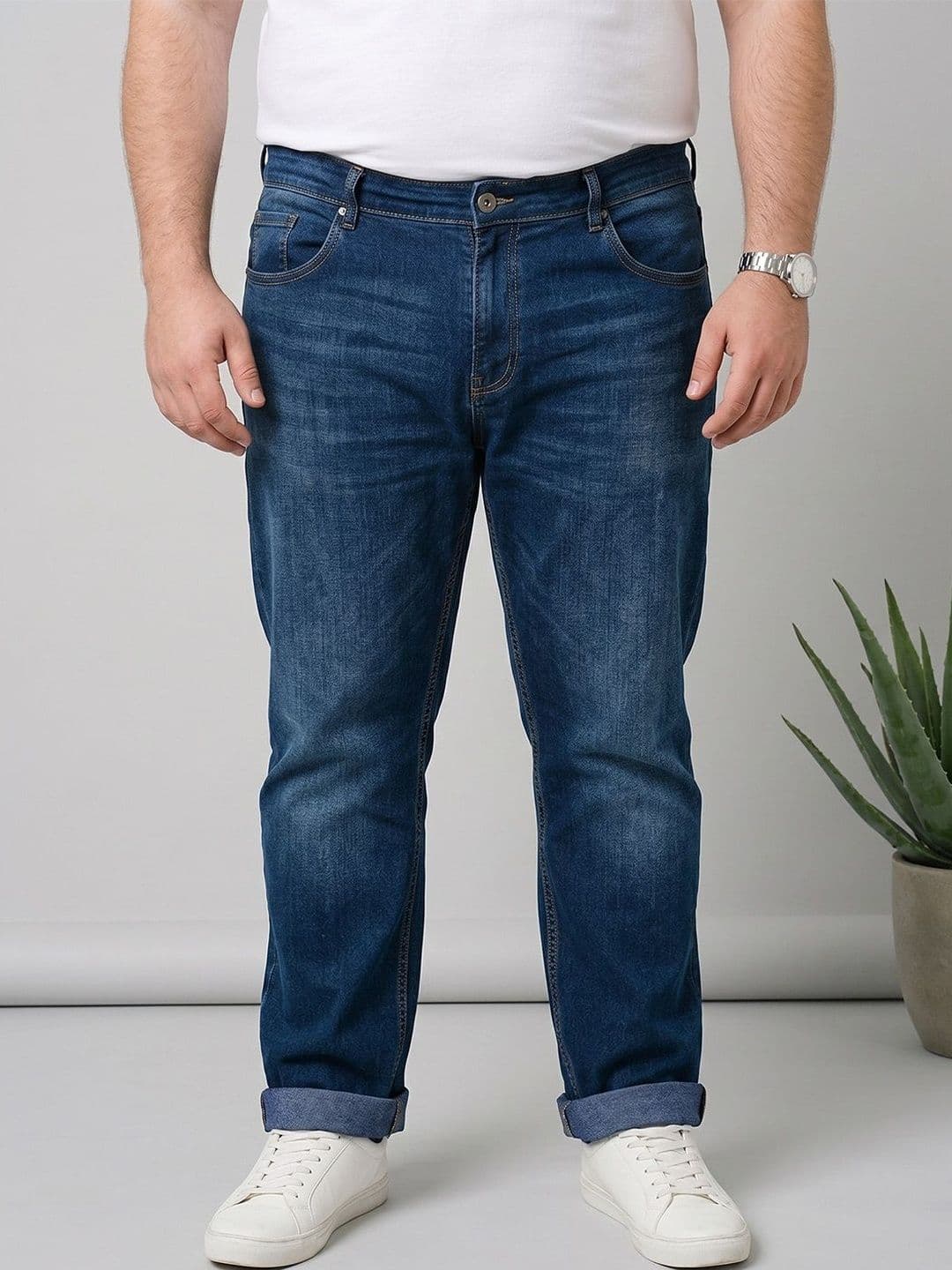 bigbanana Men Plus Size Regular Fit Mid-Rise Low Distress Light Fade Stretchable Jeans